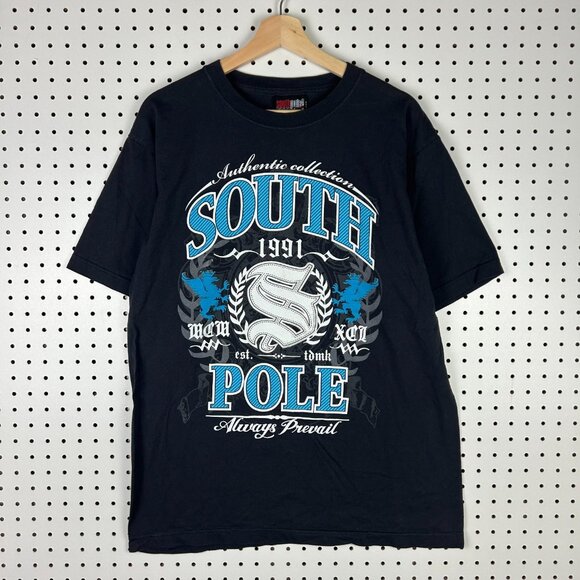 Southpole Y2K Gothic Black T Shirt Size Large Graphic Skater Punk Blue Logo 1991 - Picture 1 of 5